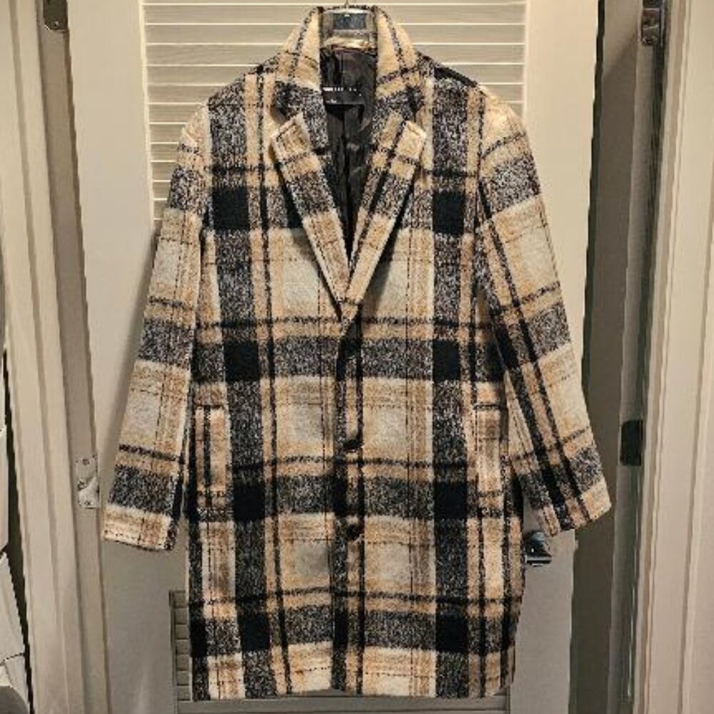 ASOS Design Men's Overcoat - soft plaid in brown, beige & black - Medium